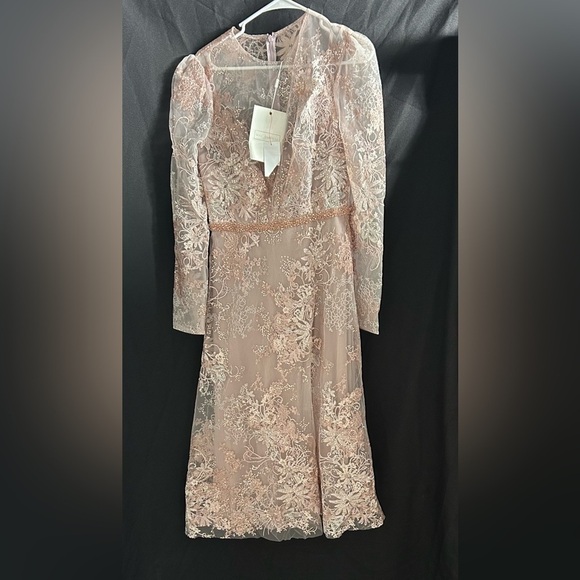 Mac Duggal 68020 NWT Embellished Illusion Long Sleeve Midi Dress in Rose - Picture 5 of 12